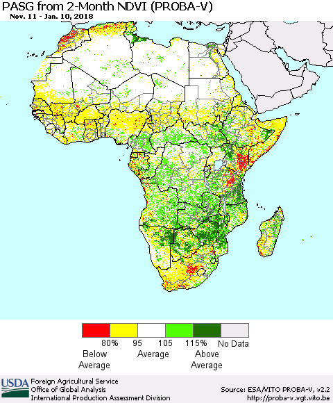 Africa PASG from 2-Month NDVI (PROBA-V) Thematic Map For 1/1/2018 - 1/10/2018