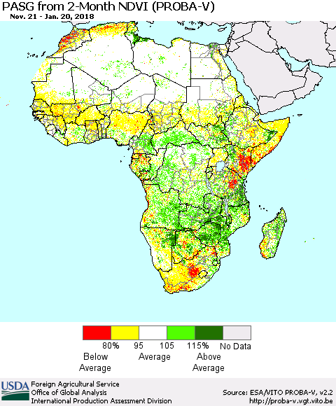 Africa PASG from 2-Month NDVI (PROBA-V) Thematic Map For 1/11/2018 - 1/20/2018