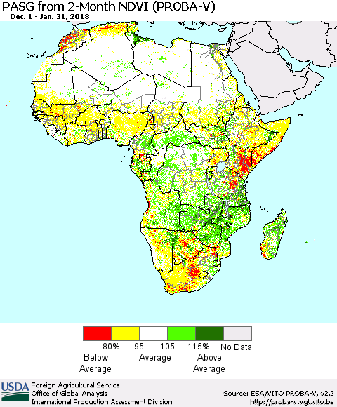 Africa PASG from 2-Month NDVI (PROBA-V) Thematic Map For 1/21/2018 - 1/31/2018