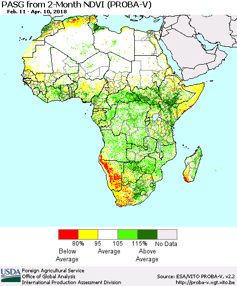 Africa PASG from 2-Month NDVI (PROBA-V) Thematic Map For 4/1/2018 - 4/10/2018