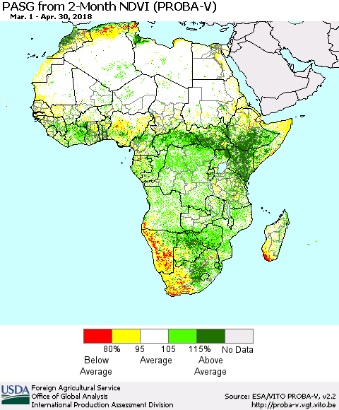 Africa PASG from 2-Month NDVI (PROBA-V) Thematic Map For 4/21/2018 - 4/30/2018