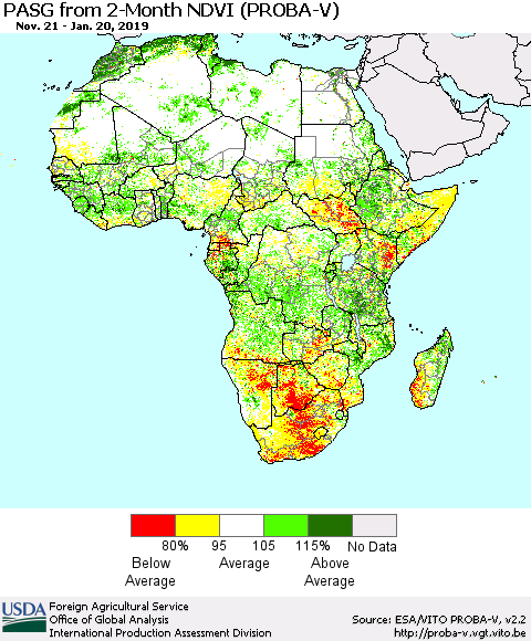 Africa PASG from 2-Month NDVI (PROBA-V) Thematic Map For 1/11/2019 - 1/20/2019