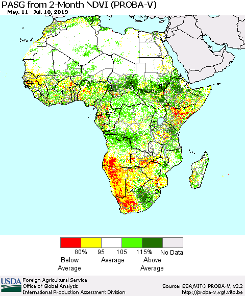 Africa PASG from 2-Month NDVI (PROBA-V) Thematic Map For 7/1/2019 - 7/10/2019