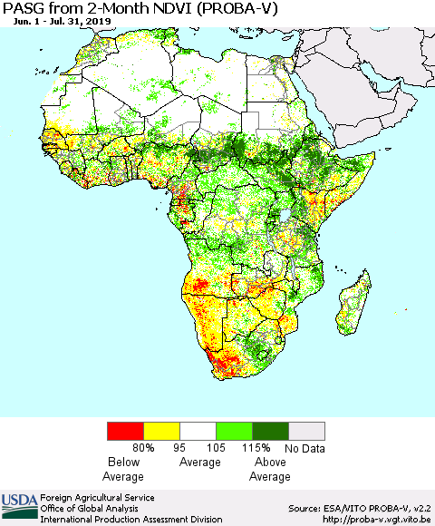 Africa PASG from 2-Month NDVI (PROBA-V) Thematic Map For 7/21/2019 - 7/31/2019