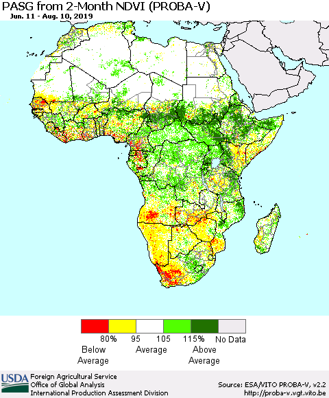 Africa PASG from 2-Month NDVI (PROBA-V) Thematic Map For 8/1/2019 - 8/10/2019