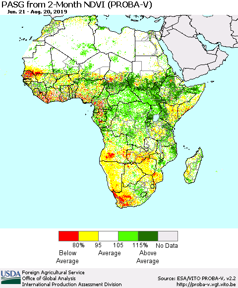 Africa PASG from 2-Month NDVI (PROBA-V) Thematic Map For 8/11/2019 - 8/20/2019