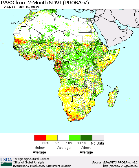 Africa PASG from 2-Month NDVI (PROBA-V) Thematic Map For 10/1/2019 - 10/10/2019