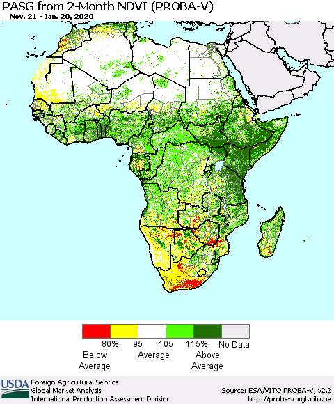 Africa PASG from 2-Month NDVI (PROBA-V) Thematic Map For 1/11/2020 - 1/20/2020