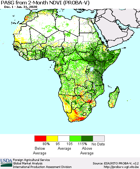 Africa PASG from 2-Month NDVI (PROBA-V) Thematic Map For 1/21/2020 - 1/31/2020