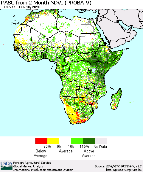 Africa PASG from 2-Month NDVI (PROBA-V) Thematic Map For 2/1/2020 - 2/10/2020