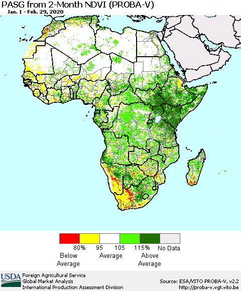 Africa PASG from 2-Month NDVI (PROBA-V) Thematic Map For 2/21/2020 - 2/29/2020