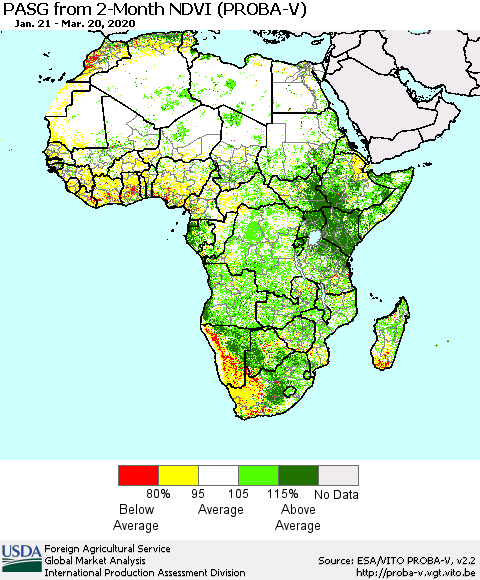 Africa PASG from 2-Month NDVI (PROBA-V) Thematic Map For 3/11/2020 - 3/20/2020