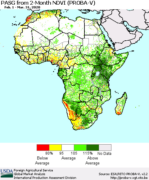 Africa PASG from 2-Month NDVI (PROBA-V) Thematic Map For 3/21/2020 - 3/31/2020