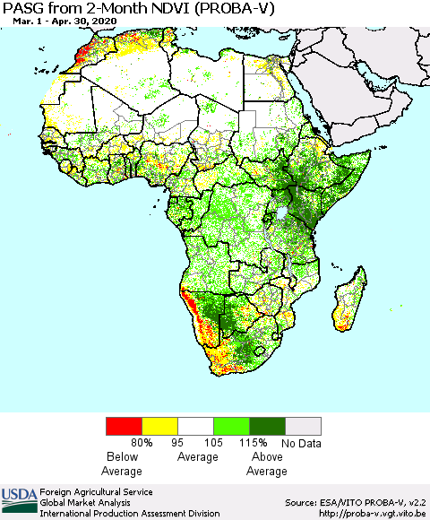Africa PASG from 2-Month NDVI (PROBA-V) Thematic Map For 4/21/2020 - 4/30/2020