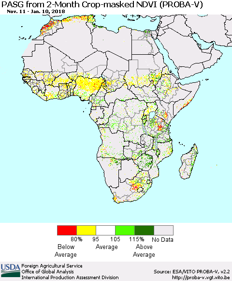 Africa PASG from 2-Month Crop-masked NDVI (PROBA-V) Thematic Map For 1/1/2018 - 1/10/2018