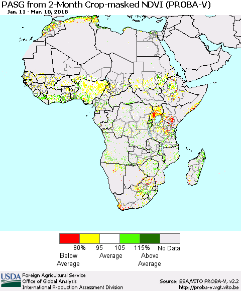 Africa PASG from 2-Month Crop-masked NDVI (PROBA-V) Thematic Map For 3/1/2018 - 3/10/2018