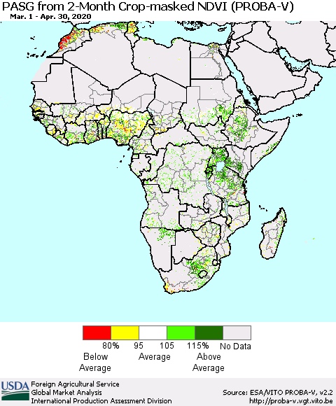 Africa PASG from 2-Month Crop-masked NDVI (PROBA-V) Thematic Map For 4/21/2020 - 4/30/2020