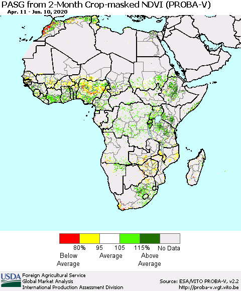Africa PASG from 2-Month Crop-masked NDVI (PROBA-V) Thematic Map For 6/1/2020 - 6/10/2020