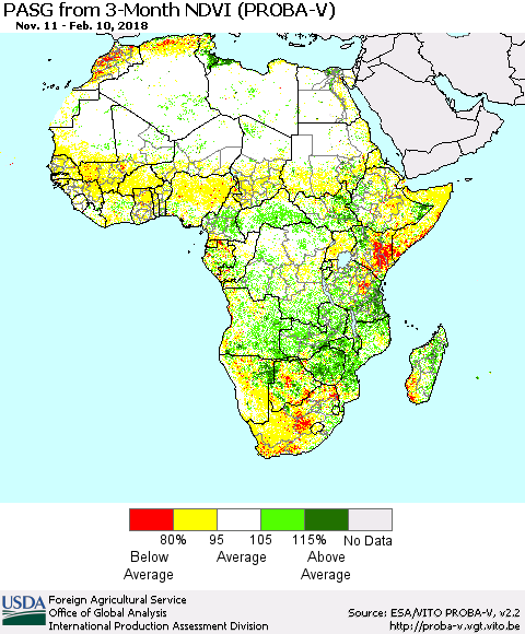 Africa PASG from 3-Month NDVI (PROBA-V) Thematic Map For 2/1/2018 - 2/10/2018