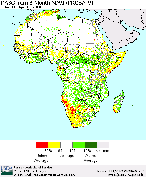 Africa PASG from 3-Month NDVI (PROBA-V) Thematic Map For 4/1/2018 - 4/10/2018