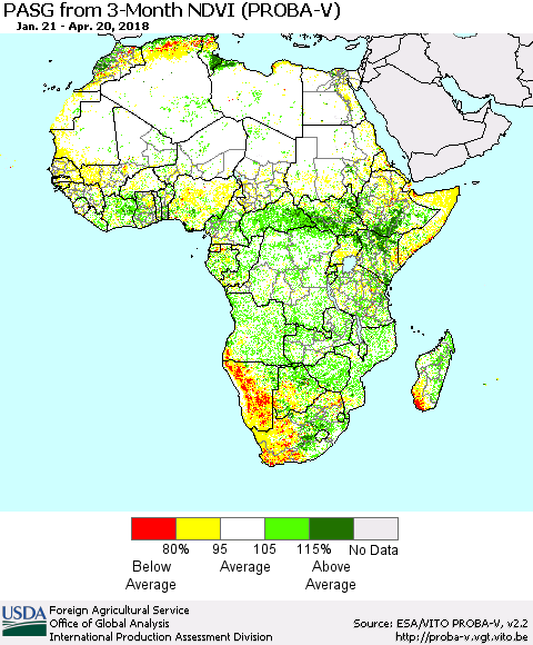 Africa PASG from 3-Month NDVI (PROBA-V) Thematic Map For 4/11/2018 - 4/20/2018