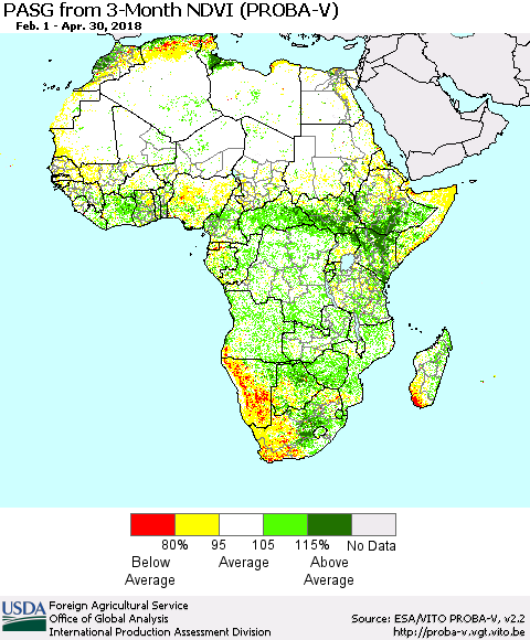 Africa PASG from 3-Month NDVI (PROBA-V) Thematic Map For 4/21/2018 - 4/30/2018
