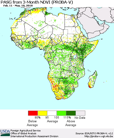 Africa PASG from 3-Month NDVI (PROBA-V) Thematic Map For 5/1/2018 - 5/10/2018