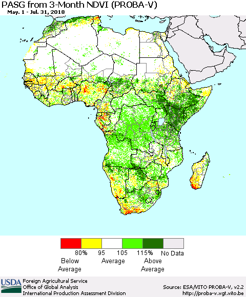Africa PASG from 3-Month NDVI (PROBA-V) Thematic Map For 7/21/2018 - 7/31/2018