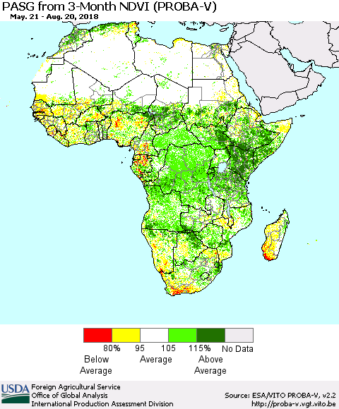 Africa PASG from 3-Month NDVI (PROBA-V) Thematic Map For 8/11/2018 - 8/20/2018