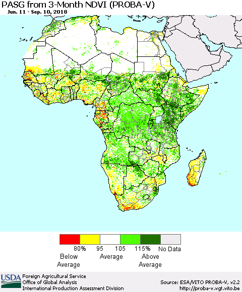 Africa PASG from 3-Month NDVI (PROBA-V) Thematic Map For 9/1/2018 - 9/10/2018