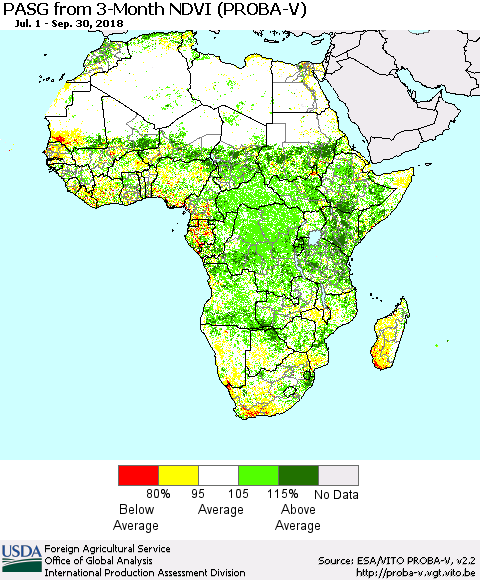 Africa PASG from 3-Month NDVI (PROBA-V) Thematic Map For 9/21/2018 - 9/30/2018