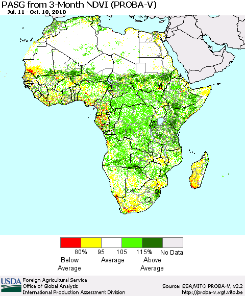 Africa PASG from 3-Month NDVI (PROBA-V) Thematic Map For 10/1/2018 - 10/10/2018