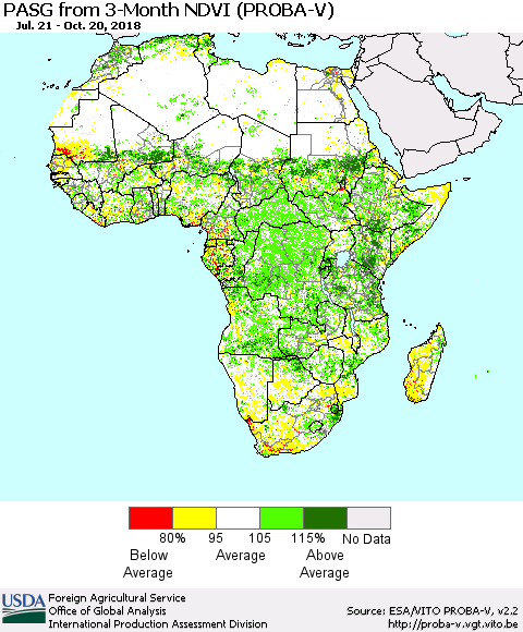 Africa PASG from 3-Month NDVI (PROBA-V) Thematic Map For 10/11/2018 - 10/20/2018