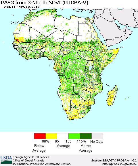 Africa PASG from 3-Month NDVI (PROBA-V) Thematic Map For 11/1/2018 - 11/10/2018