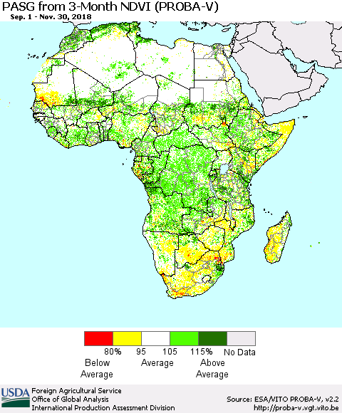 Africa PASG from 3-Month NDVI (PROBA-V) Thematic Map For 11/21/2018 - 11/30/2018