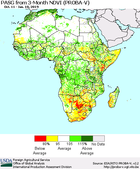 Africa PASG from 3-Month NDVI (PROBA-V) Thematic Map For 1/1/2019 - 1/10/2019