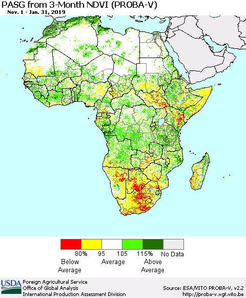 Africa PASG from 3-Month NDVI (PROBA-V) Thematic Map For 1/21/2019 - 1/31/2019