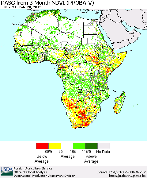 Africa PASG from 3-Month NDVI (PROBA-V) Thematic Map For 2/11/2019 - 2/20/2019