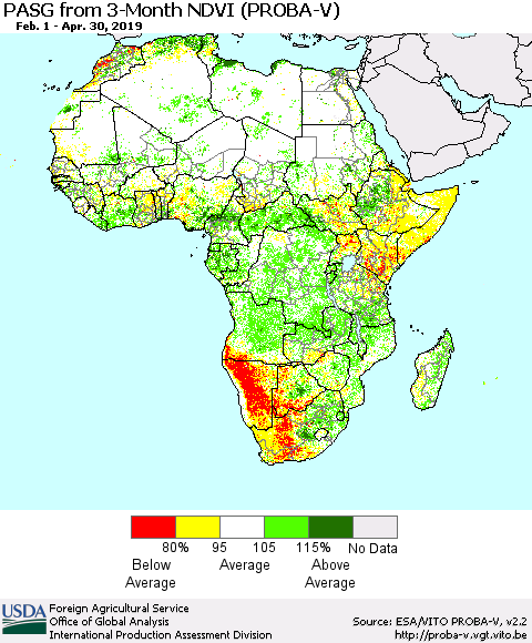 Africa PASG from 3-Month NDVI (PROBA-V) Thematic Map For 4/21/2019 - 4/30/2019