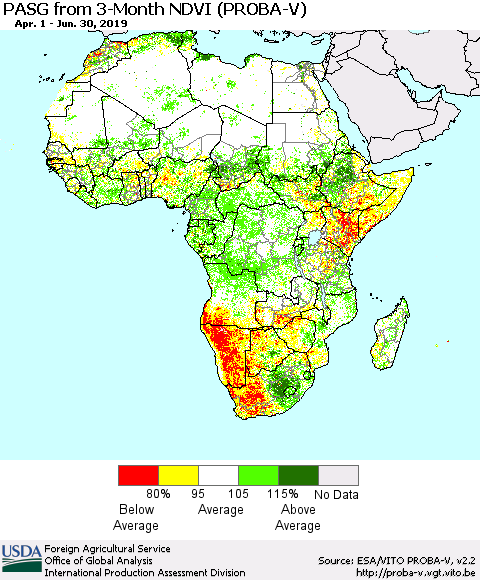 Africa PASG from 3-Month NDVI (PROBA-V) Thematic Map For 6/21/2019 - 6/30/2019