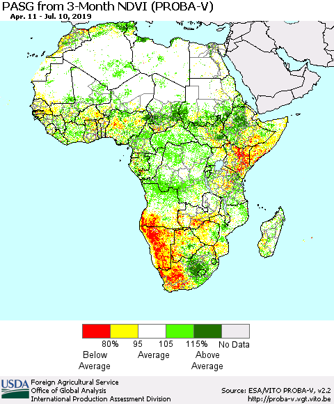 Africa PASG from 3-Month NDVI (PROBA-V) Thematic Map For 7/1/2019 - 7/10/2019