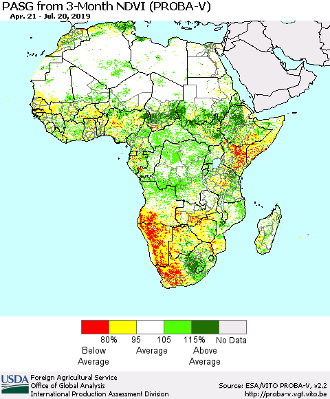 Africa PASG from 3-Month NDVI (PROBA-V) Thematic Map For 7/11/2019 - 7/20/2019