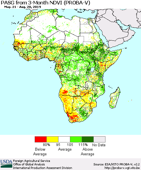 Africa PASG from 3-Month NDVI (PROBA-V) Thematic Map For 8/11/2019 - 8/20/2019