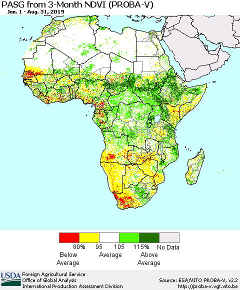 Africa PASG from 3-Month NDVI (PROBA-V) Thematic Map For 8/21/2019 - 8/31/2019