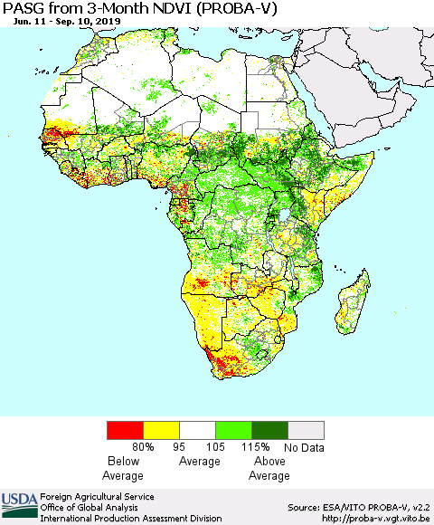 Africa PASG from 3-Month NDVI (PROBA-V) Thematic Map For 9/1/2019 - 9/10/2019