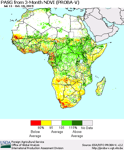 Africa PASG from 3-Month NDVI (PROBA-V) Thematic Map For 10/1/2019 - 10/10/2019