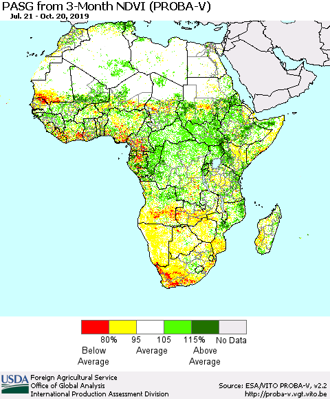 Africa PASG from 3-Month NDVI (PROBA-V) Thematic Map For 10/11/2019 - 10/20/2019
