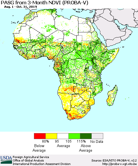 Africa PASG from 3-Month NDVI (PROBA-V) Thematic Map For 10/21/2019 - 10/31/2019