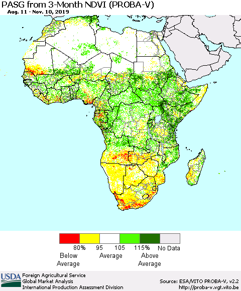 Africa PASG from 3-Month NDVI (PROBA-V) Thematic Map For 11/1/2019 - 11/10/2019