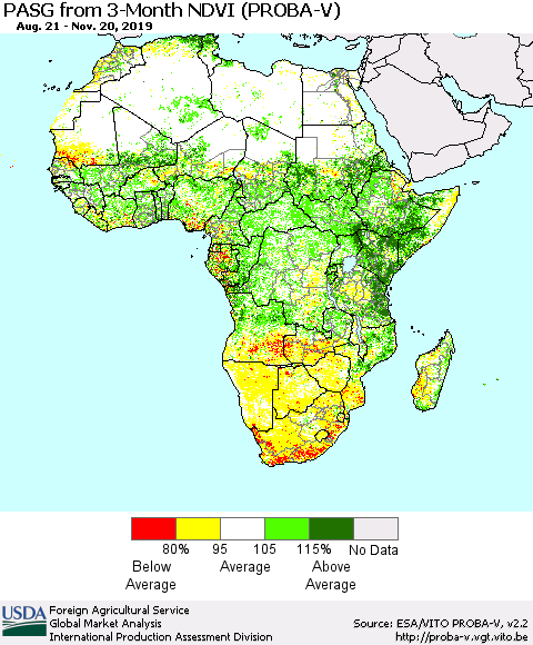 Africa PASG from 3-Month NDVI (PROBA-V) Thematic Map For 11/11/2019 - 11/20/2019